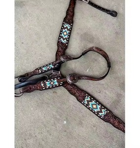 Vente chaude Premium Cuir Marron Cheval Tack Set Une Oreille Designer Boucle Ardillon Headstall Collier De Poitrine avec Outillage Floral - Product Image 2