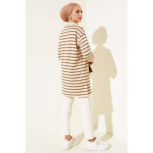 Túnica larga a rayas con cremallera, Cuello de camisa, gasa marrón transpirable, tejido de algodón, talla libre de poliéster, talla única para primavera - Product Image 2
