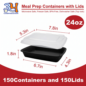 Contenitori per la preparazione dei pasti 3H da 24 once con coperchi (150 set/300 pezzi/cesto) Scatole rettangolari nere per la conservazione degli alimenti, tipo bento box, senza BPA e PFAS, per il pranzo - Product Image 3