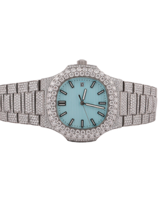 Montre en diamant moissanite entièrement sertie blanche personnalisée pour homme, classique, date, affichage du cadran bleu, nouvelle arrivée, analogique, fenêtre en verre - Product Image 1
