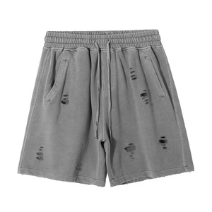 Shorts en coton uni personnalisés, délavés, pour hommes, streetwear, hip-hop, coton lourd, molleton français, cordon de serrage - Product Image 2