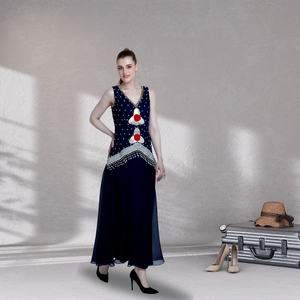 Robe maxi bleu marine de luxe pour femmes, tendance, pour les soirées, sans manches, col en V, ornée à la main, robe évasée, look haut de gamme - Product Image 4