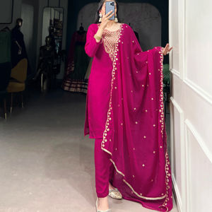 Ensemble délicat kurta en organza avec fond élastique uni brodé de fil à paillettes et brodé dupatta cousu ethnique festif - Product Image 1