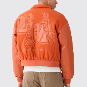 Customized College Letterman Varsity Zip-up Jacket Chenille Patches Embroidery Fleece Leather Sleeves <b>Hip</b> Hop Men's Crop Jacket - Product Image 3