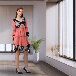 Robe de jour décontractée pour femmes à patchwork floral avec col en V manches cloche marine corail tissu doux taille naturelle pour les fêtes - Product Image 4