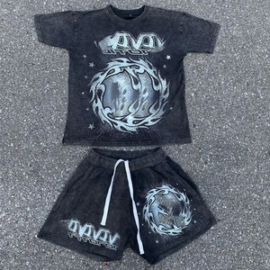 Conjunto de Camiseta y Pantalones Cortos de Algodón 100% para Hombre, Estilo Urbano, Lavado Ácido, Casual, de Verano, Talla Grande, Unisex - Product Image 4