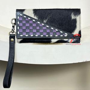 Portefeuille à main pour femme en cuir de vachette véritable, fait main, motif à carreaux violet et noir, style western, porte-cartes de luxe 2025, avec dragonne - Product Image 1