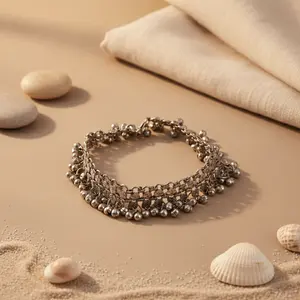 Bohemian Style Silver <b>Anklet</b> with <b>Gold</b> <b>Plated</b> Bells Women's Jewelry Featuring Diamond and Pearl for Weddings and Gifts - Product Image 1