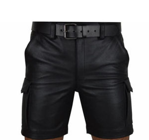 Short cargo noir en cuir véritable personnalisé pour hommes, tissu en maille à séchage rapide, vêtements de club à motif solide avec poches, shorts décontractés pour hommes - Product Image 5