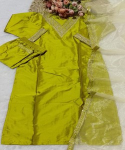 Conjunto de Túnica y Pantalón de Seda con Bordado de Lujo y Dupatta, Estilo Festivo, Precio al por Mayor, Prenda Étnica, Verde Lorito - Product Image 2