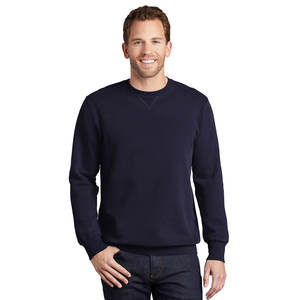 Pull en coton uni à col rond surdimensionné bleu marine avec logo imprimé Hommes Pull uni à col rond brodé - Product Image 1