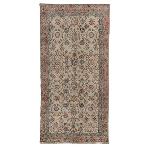 Tapis en laine vintage à motif floral, blanc nuage/orange mandarine, noué à la main, 3'6x7 pi, épaisseur de poils 3-4 mm, pour salon et chambre à coucher - Product Image 1