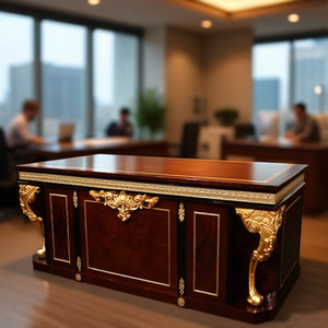 Dark Brown Engineered Wood Executive <b>Desk</b> with Gold-Tone Legs Classic Veneer Inlay 1-Year Warranty - Product Image 3