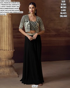 Bandhani Black Embroidered Chinon Silk Salwar Kameez Short <b>Jacket</b> Plazzo <b>Women</b> Traditional <b>Wedding</b> Wear Quick Dry Floor-Length - Product Image 1