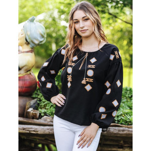 Top Tendance Noir Femmes Floral Brodé Satin Blouse Tissé Lumineux Ukrainien Mode Glands Simple Style Décontracté pour - Product Image 2