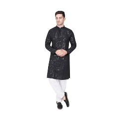 Conjunto de Kurta y Pijama para Hombre, Negro, Bordado con Lentejuelas, Ropa Exterior, Accesorio de Moda - Product Image 1