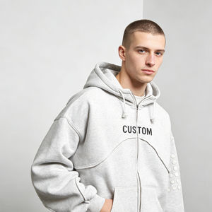 Sweat à capuche décontracté surdimensionné pour homme, gris clair, en coton, avec fermeture éclair, imprimé personnalisé et décor à pois blancs - Product Image 5