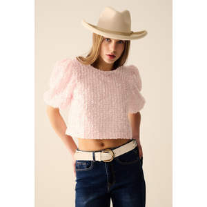 Top Corto Rosa con Detalle de Lentejuelas y Mangas Abullonadas, Silueta Recta - Product Image 1