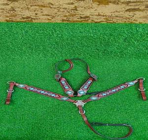 Western horse breast collar <b>leather</b> tack chest <b>harness</b> geometric bead concho stud adjustable strap riding halter gear set - Product Image 1