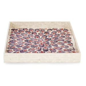 Plateau de service de table ronde design fantaisie plateau de table basse incrusté de nacre bleue de qualité exclusive avec poignée découpée - Product Image 4