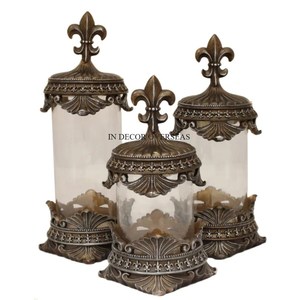 Venta al por mayor Juego de 3 recipiente con forma de cilindro de vidrio transparente de textura única con diseñador de flores de Metal chapado en oro - Product Image 5