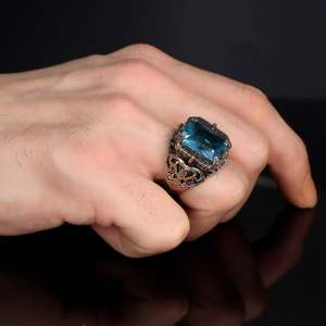 Anillo Azuris de Alta Calidad Estilo Otomano en Plata de Ley 925 para Hombre, Joyería de Moda con Piedra de Ágata Yemenita Natural, Hecho en Turquía - Product Image 2