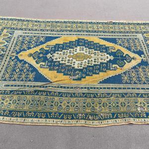 Alfombra Turca, Alfombra Vintage de 5.4x8.5 pies, Alfombra de Lana a Rayas Azules y Amarillas - Product Image 3