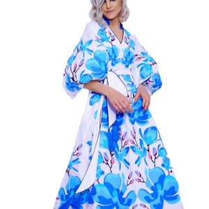 Robe ukrainienne ethnique brodée de fleurs, manches longues, longueur thé, avec ceinture pour femmes - Product Image 1