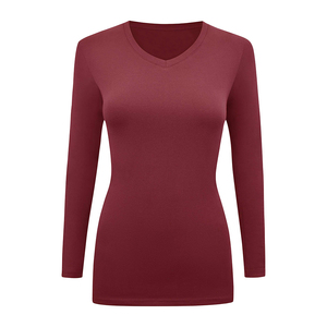 Women's V-Neck Long Sleeve Scrub <b>Top</b> <b>Maroon</b> Knitted Spandex/Polyester Jersey Fabric Seamless Fusing Hospital Uniform Blouse - Product Image 1