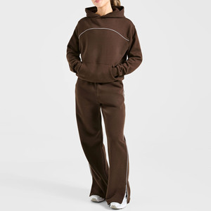 New Design Custom Logo <b>Coffee</b> Bean Hoodie & Jogger With Piping 2Piece Women's Tracksuits Breathable Sportswear Women Sweat Suits - Product Image 3