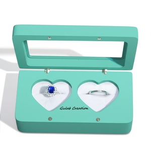 Caja de anillo de madera azul marino para bodas, soporte de portador de anillo de corazón doble para ceremonias de compromiso, decoración de madera hecha a mano - Product Image 3