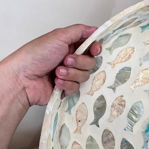 Eco Friendly Mother Of <b>Pearl</b> With Rattan Serving Tray Round Soft Neutral Inlay Design Natural <b>Frame</b> For Home Decor Sustainable - Product Image 3