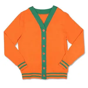 Design your Custom Orange & Green University Cardigan Sweaters Wholesale Price Wool Cotton Striped Breathable Sports Sweater Men