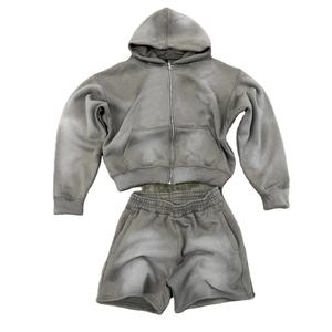 Unisex Custom Streetwear <b>Men</b> Acid Wash <b>Zip</b> Up Hoodie <b>Short</b> Set 100% Cotton Fleece Two Piece <b>Men</b> Oversized Hoodies And <b>Shorts</b> Set - Product Image 1