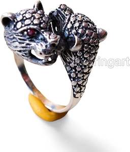 Bague pour homme, simple, à deux têtes de tigre et de panthère, yeux en rubis rouge, bague de motard, fabrication artisanale, bijoux personnalisés, bague en argent massif 925 - Product Image 4