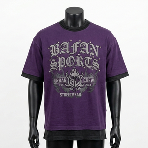 Camiseta premium de doble capa para hombre, 190 GSM, jersey de algodón y poliéster, color morado por fuera, negro por dentro, con logo impreso personalizado. - Product Image 5
