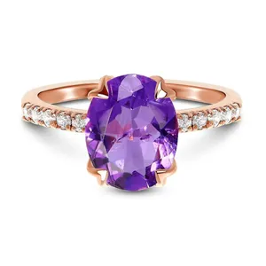 Bague ovale en argent 925 avec améthyste et placage or rose, ajustable, élégante, accessoire de mode pour fiançailles - Product Image 1