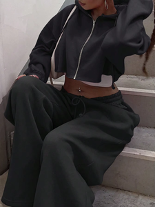 Ensemble 2 pièces pour femme, sweat-shirt à capuche zippé et pantalon long, streetwear, logo sur le devant, uni, hiver, 100% coton, anti-boulochage - Product Image 4