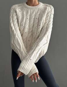 Jersey personalizado de algodón con cuello redondo para mujer, prendas de punto con cuello redondo, suéter de punto con cable, ropa informal para mujer, invierno y otoño - Product Image 2