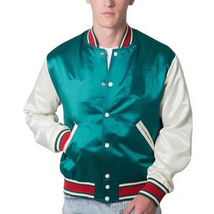 Blouson bombardier en satin pour hommes, style universitaire, boutonné aux poignets côtelés et à col rayé pour hommes - Product Image 1