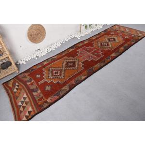 Herki Turkish Rug, 2.8x10 ft Vintage Rug, <b>Red</b> Striped <b>Wool</b> Rug - Product Image 2