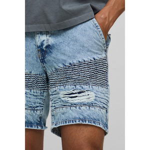 Pantalones cortos de mezclilla azul claro para hombre con paneles acanalados y rasgaduras desgastadas ropa de calle personalizada Slim Fit Summer Biker Jorts Fashion - Product Image 3