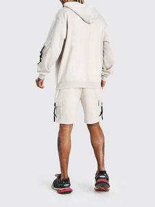 ชุดเซ็ตเสื้อฮู้ดดี้และกางเกงขาสั้นแบบสปอร์ตสำหรับผู้ชาย ดีไซน์สีบล็อก ลวดลายฟอกสี  ชุดออกกำลังกาย  ออกแบบและพิมพ์ลายตามสั่ง - Product Image 2