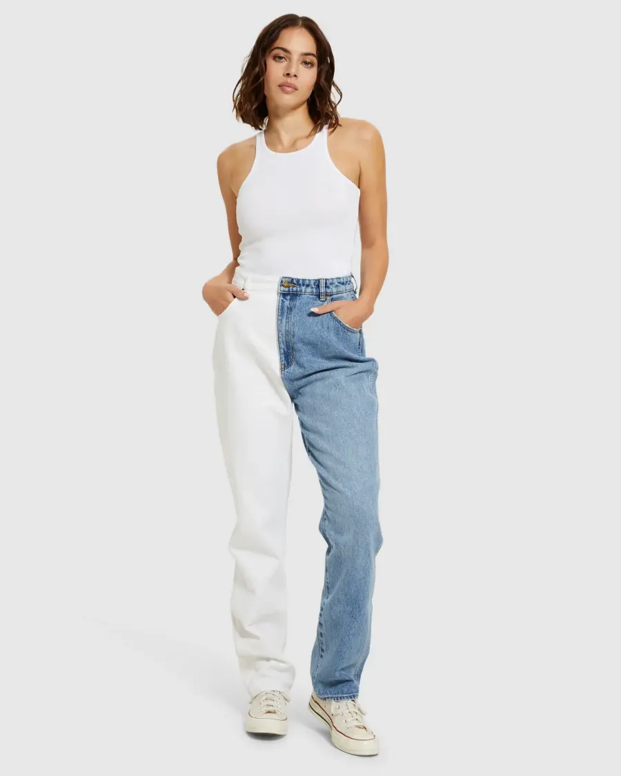 Nieuwkomers Vrouwen Mode Twee Tone Broek Custom Jeans Lange Broek Nietje Straight Leg Jeans Hoge Taille