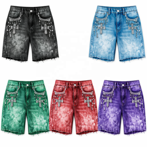 Pantalones Cortos de Mezclilla para Hombre, Personalizados con Logotipo, Marca Privada, Alta Calidad, Estilo Y2K, Cierre de Cremallera, 100% Algodón, con Pedrería - Product Image 1