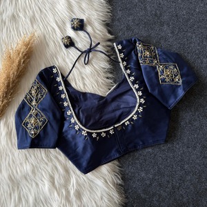 Elegant <b>Navy</b> Blue Sufi <b>Silk</b> Crop <b>Top</b> With Gold Embroidery And Pearl Trim Cap Sleeve Blouse For Women Party Wear - Product Image 1