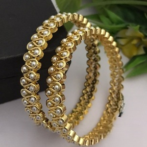 Designer High Quality <b>Gold</b> Plated Real <b>Pearls</b> CZ Two Set OF Bangles Wedding or Functions Wear Collection For Women And Girls - Product Image 1