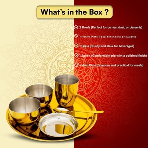 Service de vaisselle en acier inoxydable avec détails dorés comprenant une assiette, un bol à soupe et une tasse en métal - Product Image 5