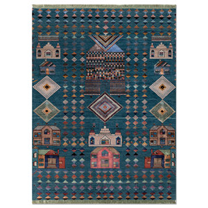 Tapis Manchaha bleu noué à la main en laine et soie de bambou, épaisseur 10 mm, motif géométrique abstrait, rectangulaire, pour la maison et le couloir, modèle Les-1448 - Product Image 1