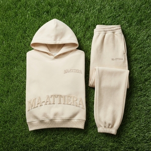 Ensemble de survêtement en molleton crème pour femme, sweat-shirt à capuche et pantalon de jogging, broderie ton sur ton, vêtements décontractés, vêtements de sport - Product Image 5